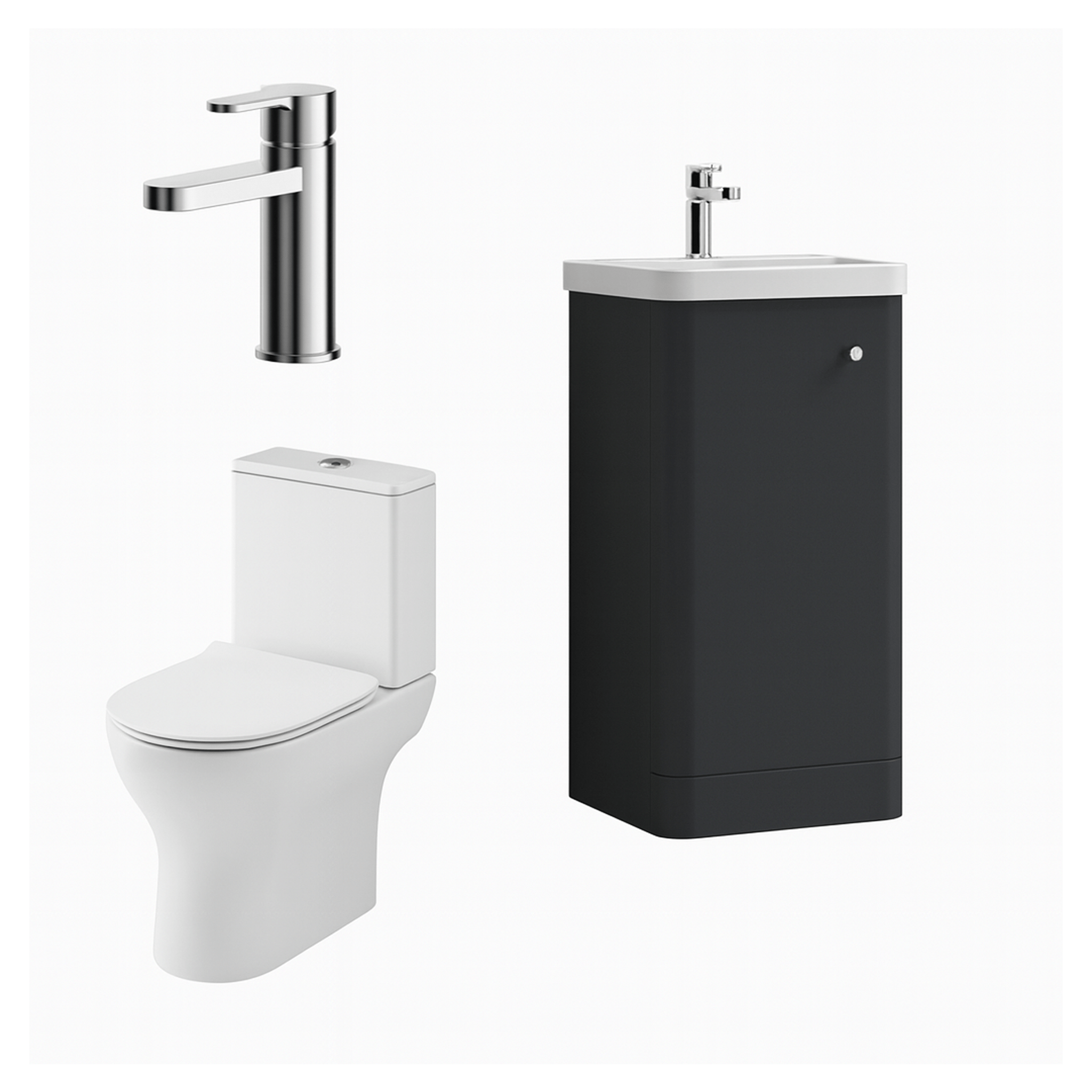Nuie 400mm Soft Black Floor Standing Unit With Basin, Toilet, Tap, Soft Close Seat & Waste