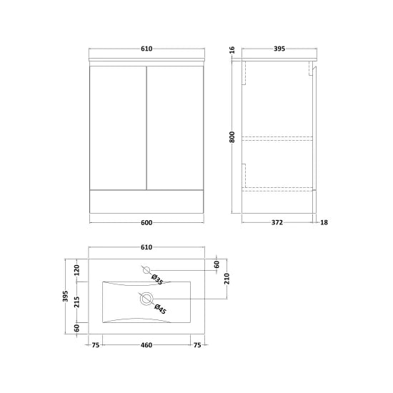Nuie 600mm Waterproof Vanity Unit with Basin - Matt Grey