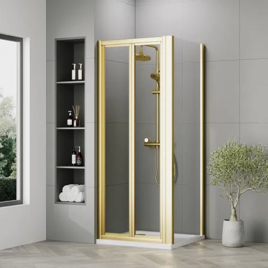 Nuie 760x760mm Brushed Brass Bi - Fold Shower Enclosure Including Shower Tray & Side Panel