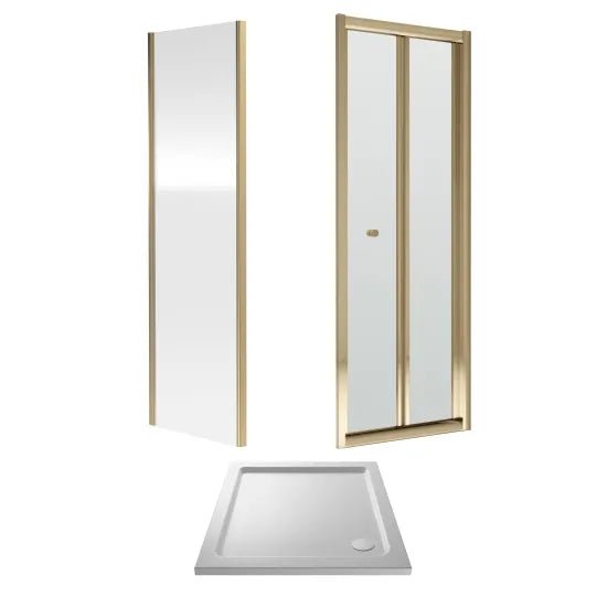 Nuie 760x760mm Brushed Brass Bi - Fold Shower Enclosure Including Shower Tray & Side Panel