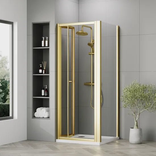 Nuie 760x760mm Brushed Brass Bi - Fold Shower Enclosure Including Shower Tray & Side Panel