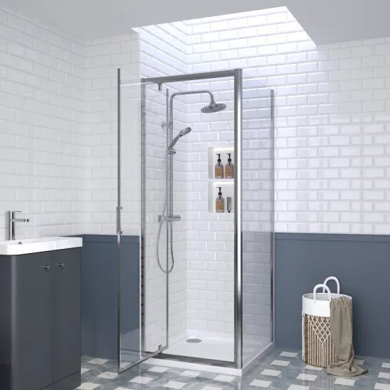 Nuie 760x760mm Square Pivot Shower Enclosure With Tray and Side Panel