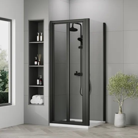 Nuie 760x760x1900mm Matt Black Bi - Fold Shower Enclosure With Side Panel & Tray