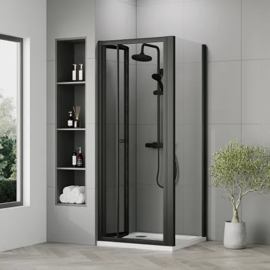 Nuie 760x760x1900mm Matt Black Bi - Fold Shower Enclosure With Side Panel & Tray