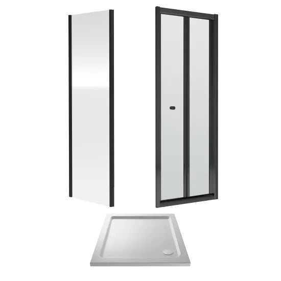 Nuie 760x760x1900mm Matt Black Bi - Fold Shower Enclosure With Side Panel & Tray