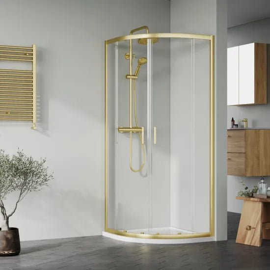 Nuie 800mm x 800mm x 1900mm Brushed Brass Quadrant Enclosure & Tray