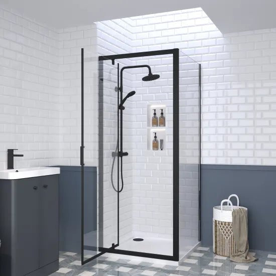 Nuie 800x800mm Matt Black Square Pivot Shower Enclosure With Side Panel & Tray