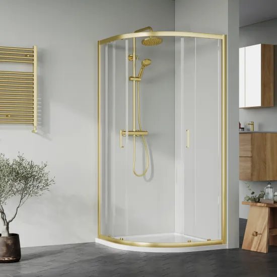 Nuie 900x900mm Brushed Brass Quadrant Shower Enclosure and Tray