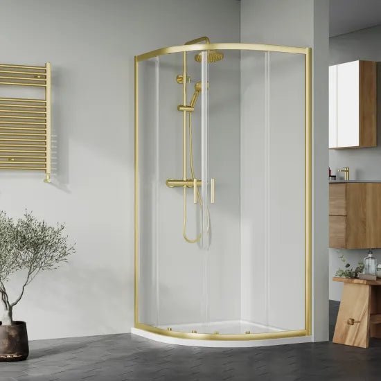 Nuie 900x900mm Brushed Brass Quadrant Shower Enclosure and Tray