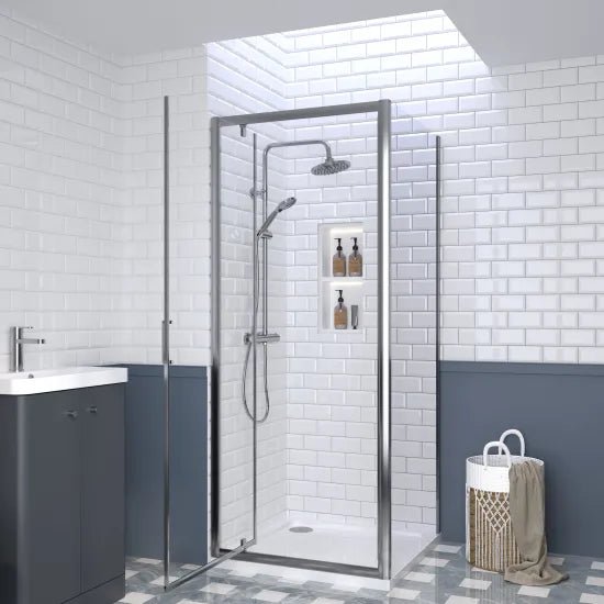 Nuie 900x900mm Chrome Framed Pivot Shower Enclosure With Side Panel & Tray