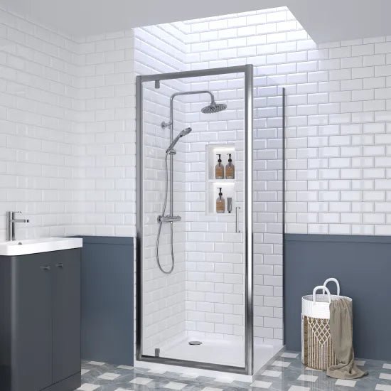 Nuie 900x900mm Chrome Framed Pivot Shower Enclosure With Side Panel & Tray