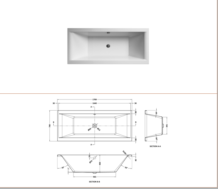 Nuie Asselby Square Double Ended Bath 1700mm x 700mm