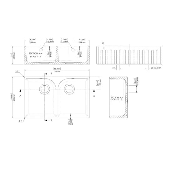 Nuie Butler Sink Fluted Flush Weir & Overflow 795mm x 500mm x 220mm