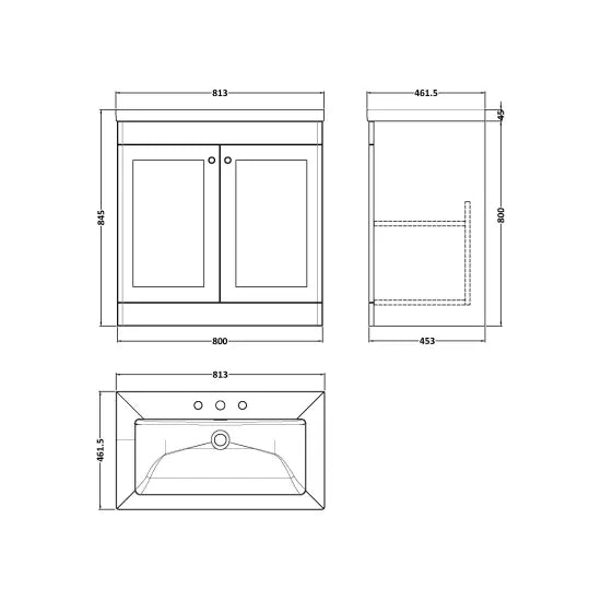Nuie Classique 800mm Floor Standing 2 - Door Vanity with Basin - 3 Tap Hole