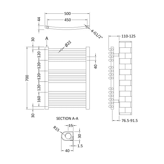 Nuie Curved Ladder Rail 700 x 500mm Anthracite