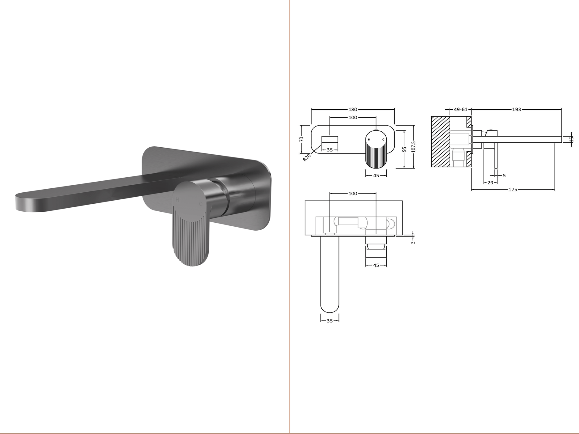 nuie - Cyprus / 2TH Wall Mounted Basin Mixer Tap with Plate
