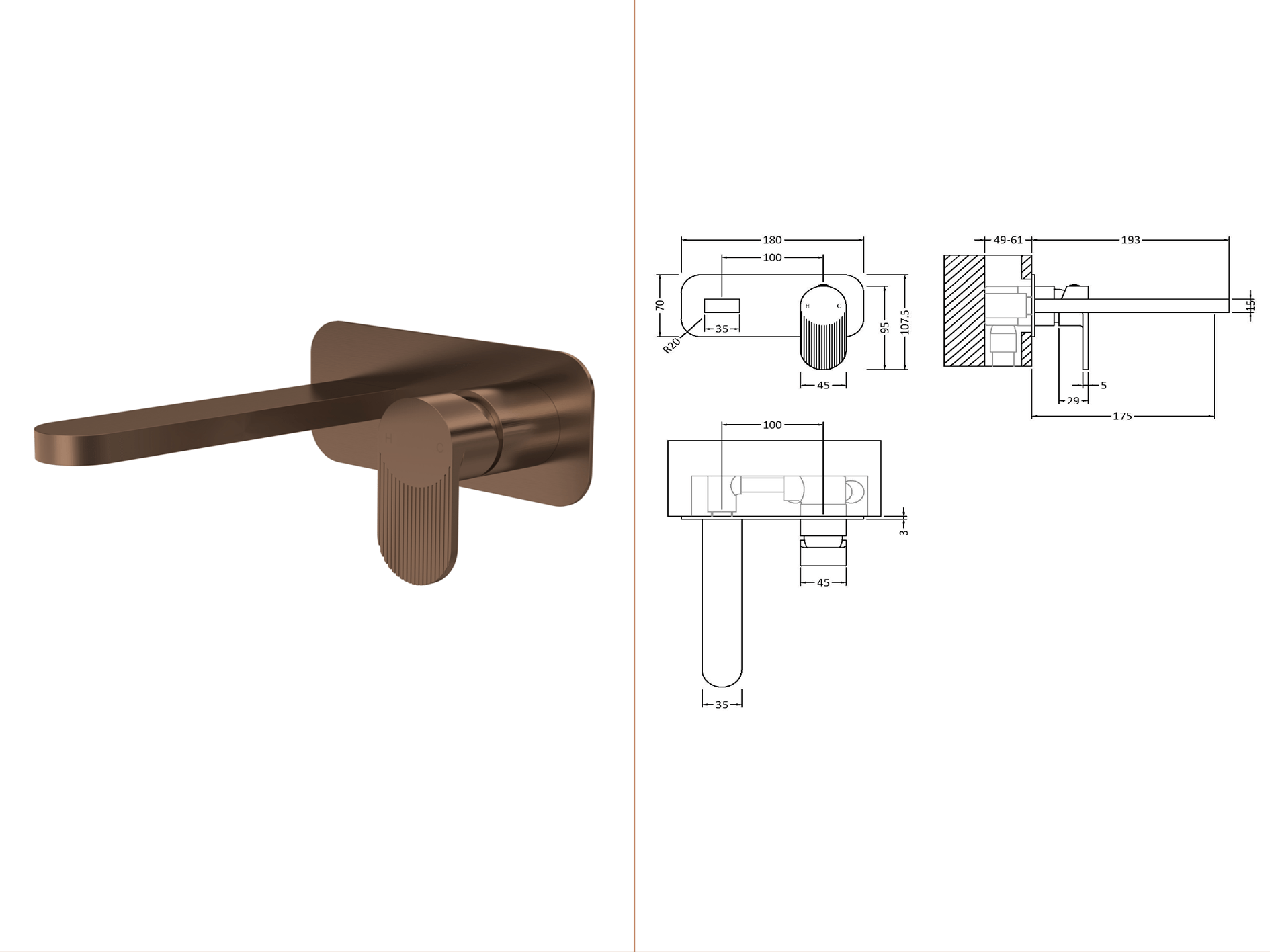Nuie Cyprus 2TH Wall Mounted Basin Mixer with Plate Brushed Brass