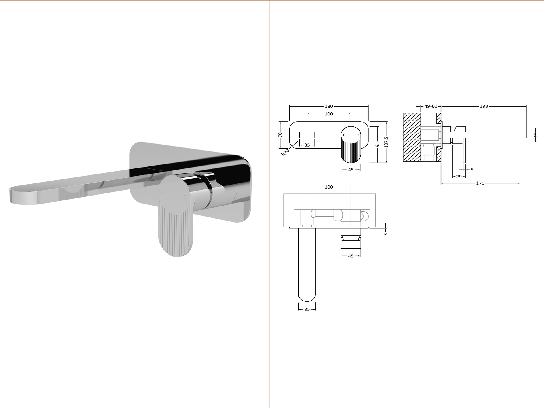 Nuie Cyprus 2TH Wall Mounted Basin Mixer with Plate Chrome