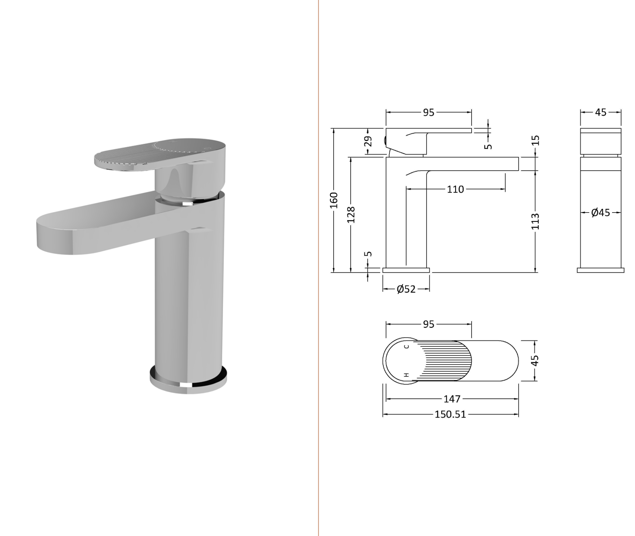 Nuie Cyprus Binsey Fluted Mono Basin Mixer Chrome