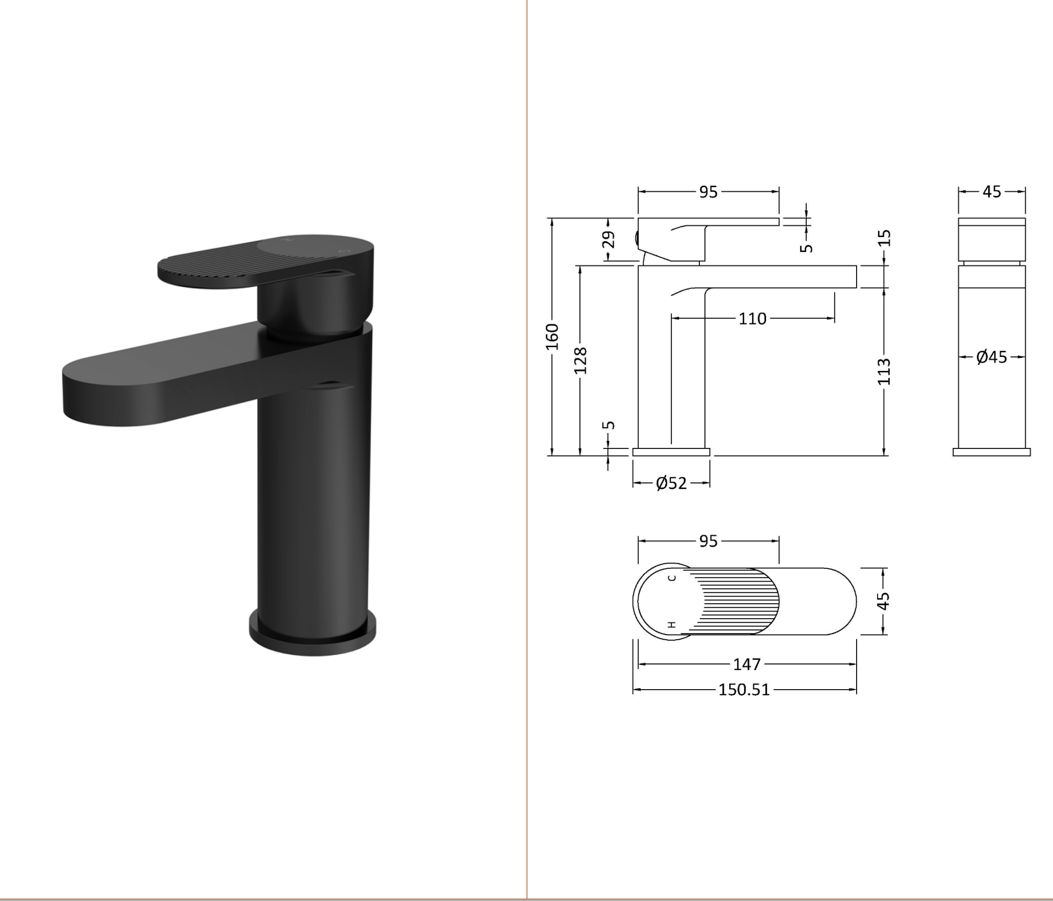 Nuie Cyprus Binsey Fluted Mono Basin Mixer Matt Black