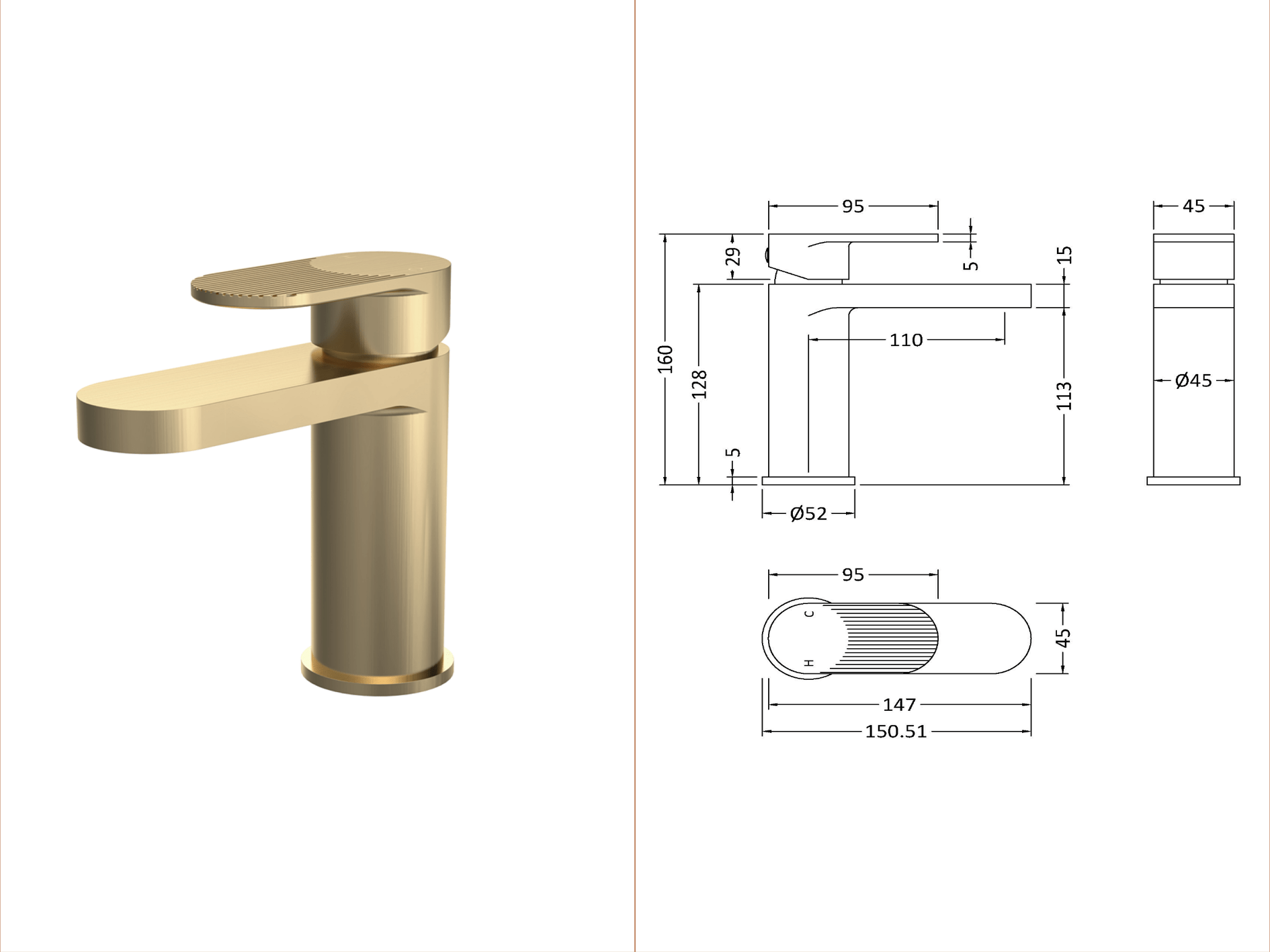 nuie - Cyprus / Binsey Fluted Mono Basin Mixer Tap - P/B Waste