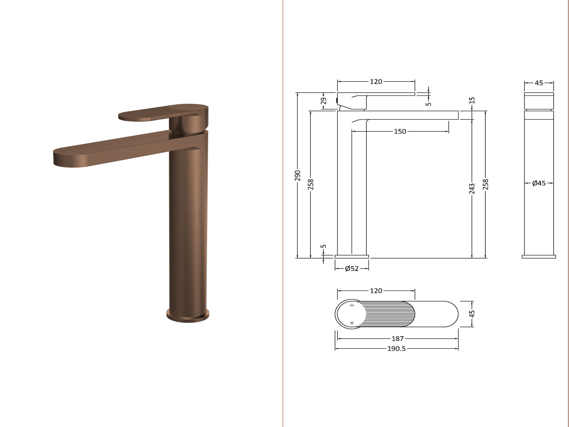 Nuie Cyprus Binsey High Rise Mono Basin Mixer Brushed Bronze