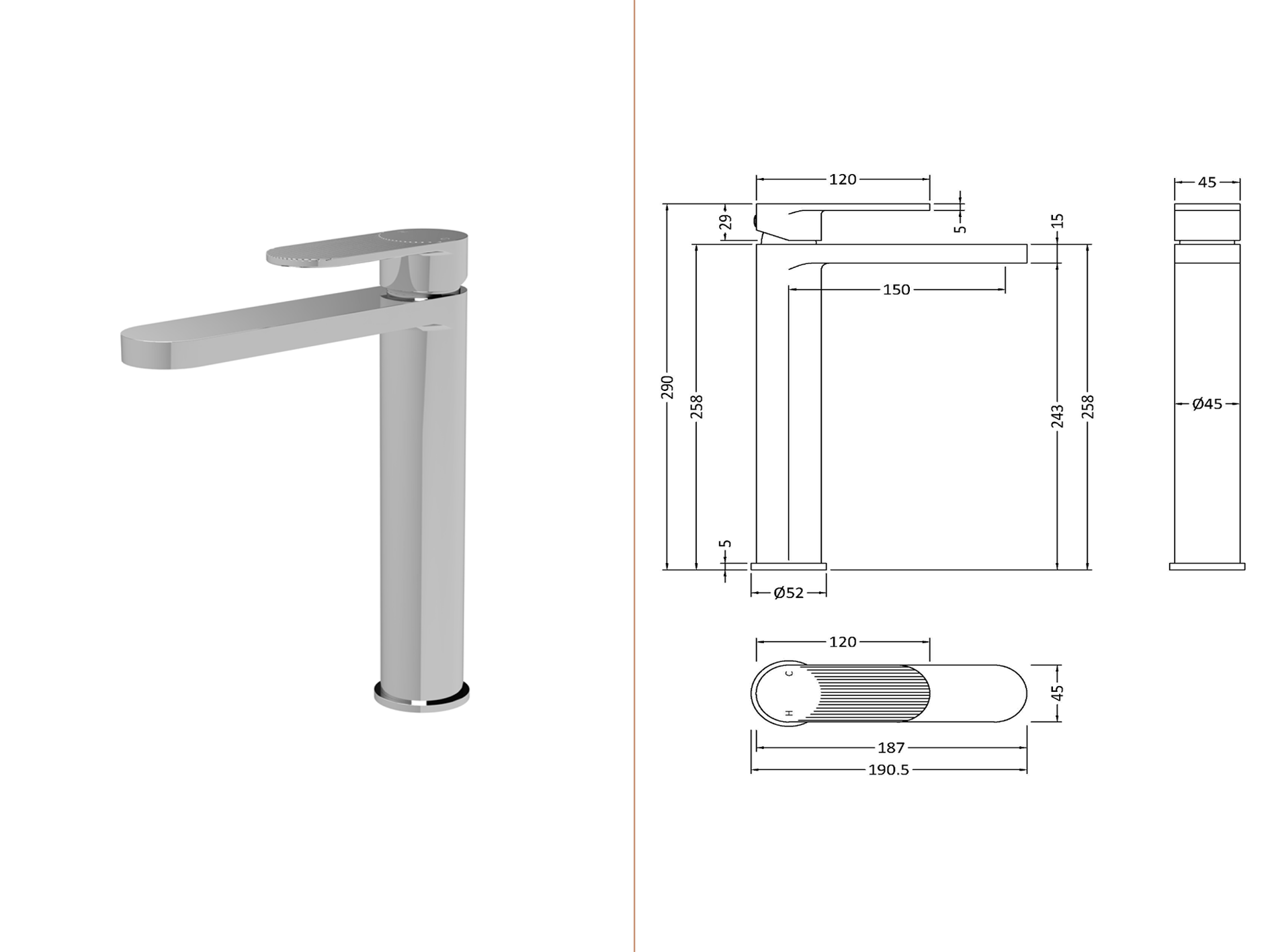 Nuie - Cyprus Binsey High Rise Mono Basin Mixer - Chrome