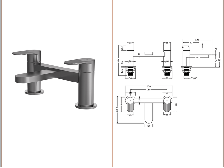 Nuie Cyprus Deck Mounted Bath Filler Brushed Pewter