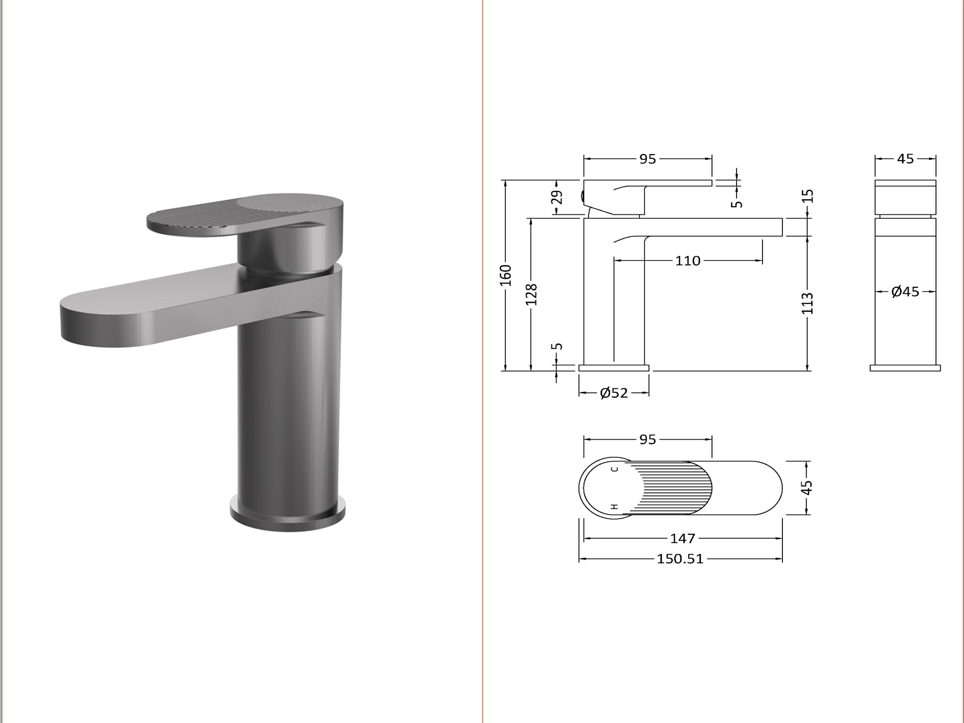 Nuie Cyprus Fluted Mono Basin Mixer with Push Button Waste Brused Pewter