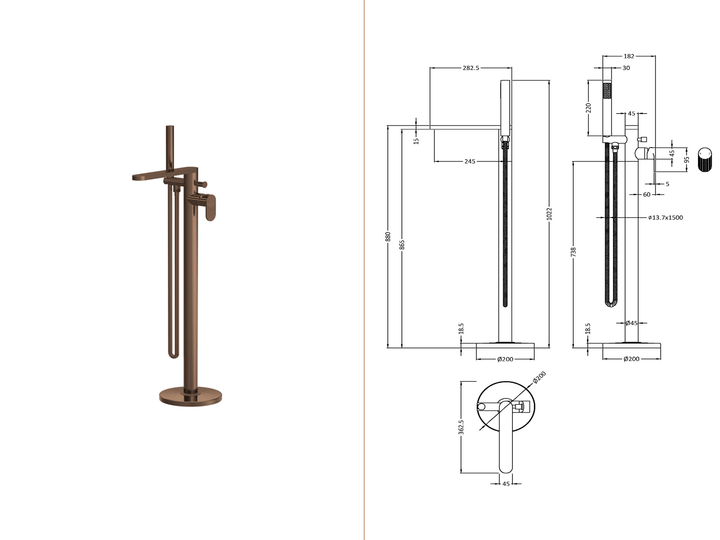 Nuie Cyprus Freestanding Bath Shower Mixer with Kit Brushed Bronze