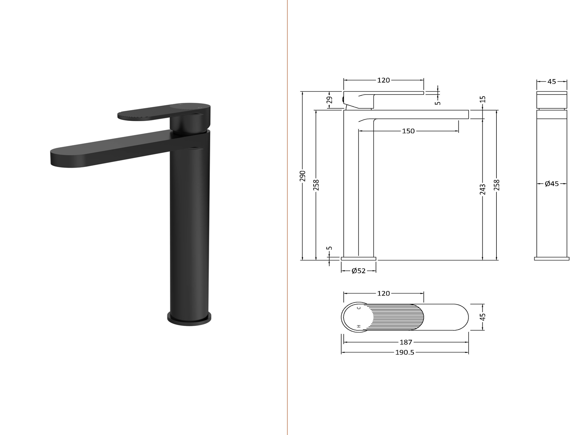 Nuie Cyprus High Rise Mono Basin Mixer Matt Black