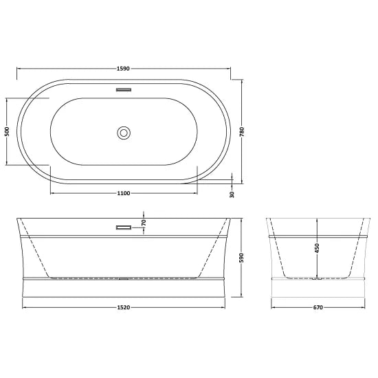 Nuie Equinox 1600 x 780 x 580 Oval Freestanding Bath