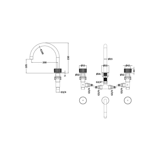 Nuie Esker 3 Tap Hole Deck Mounted Bath Mixer (C Spout)