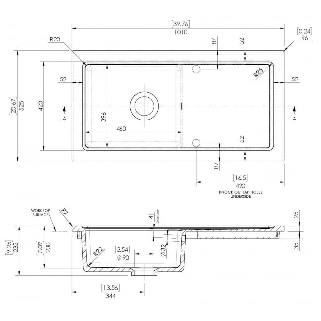 Nuie Fireclay Sinks Counter Top Sink Single Bowl 1010x525 Matt Black