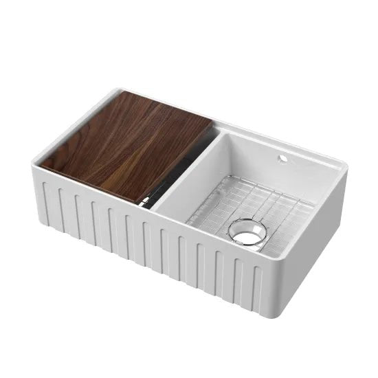 Nuie Fluted Double Bowl 795 x 460 x 220mm Butler Sink with Ledge, Grid & Chopping Board