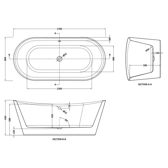 Nuie Freestanding Double Ended Boat Bath Tub, 1700mm x 800mm