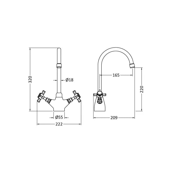 Nuie Kitchen Taps Traditional 1 Tap Hole Mono Sink Mixer Tap with Crosshead Handles