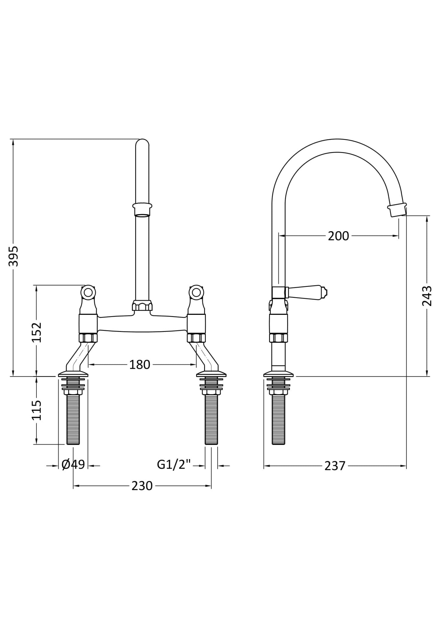 Nuie Kitchen Taps Traditional 2 Tap Hole Bridge Sink Mixer Tap with Lever Handles