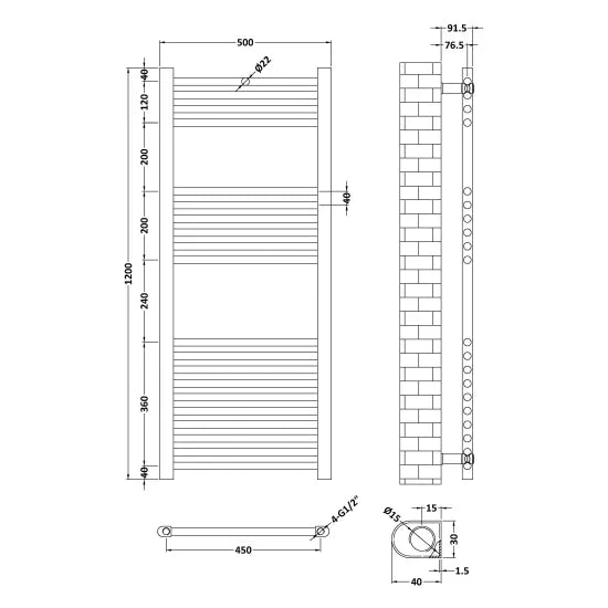 Nuie Ladder Rail - 1200 x 500mm - 20 rails - Chrome