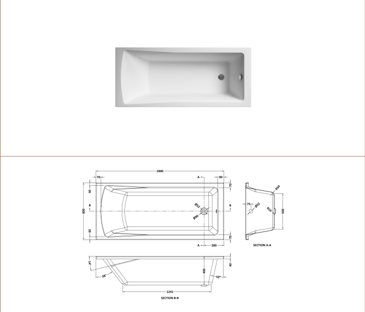 Nuie Linton Eternalite Square Single Ended Bath 1800mmx800mm