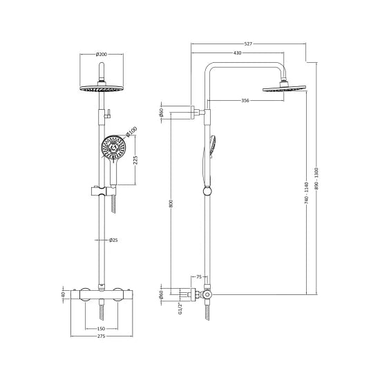 Nuie Round Thermostatic Bar Valve & Shower Kit Brushed Brass