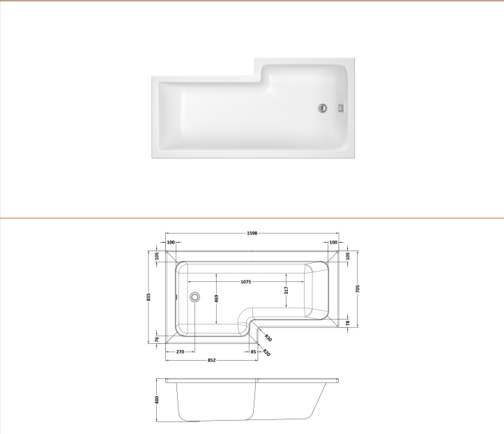 Nuie Square Shower Baths 1600mm Left Hand Square Shower Bath Set