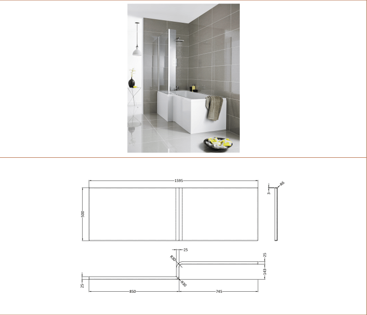 Nuie Square Shower Baths 1600mm Left Hand Square Shower Bath Set