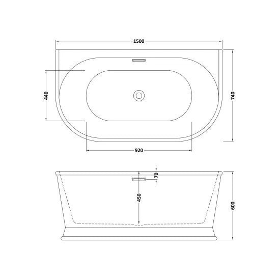 Nuie Timora 1500 x 740 x 600 BTW Freestanding Bath