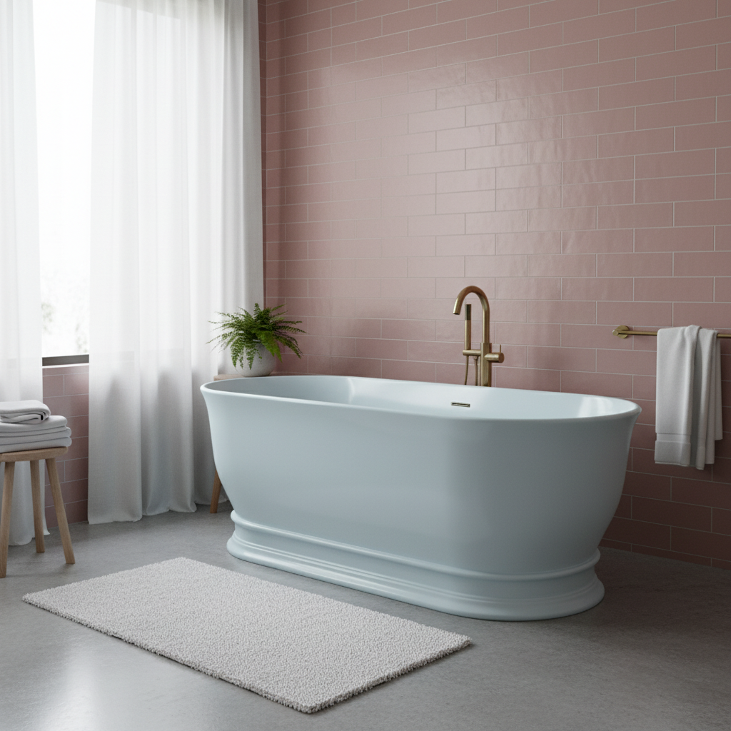 Pale blue bathtub with dusty pink features and white towels
