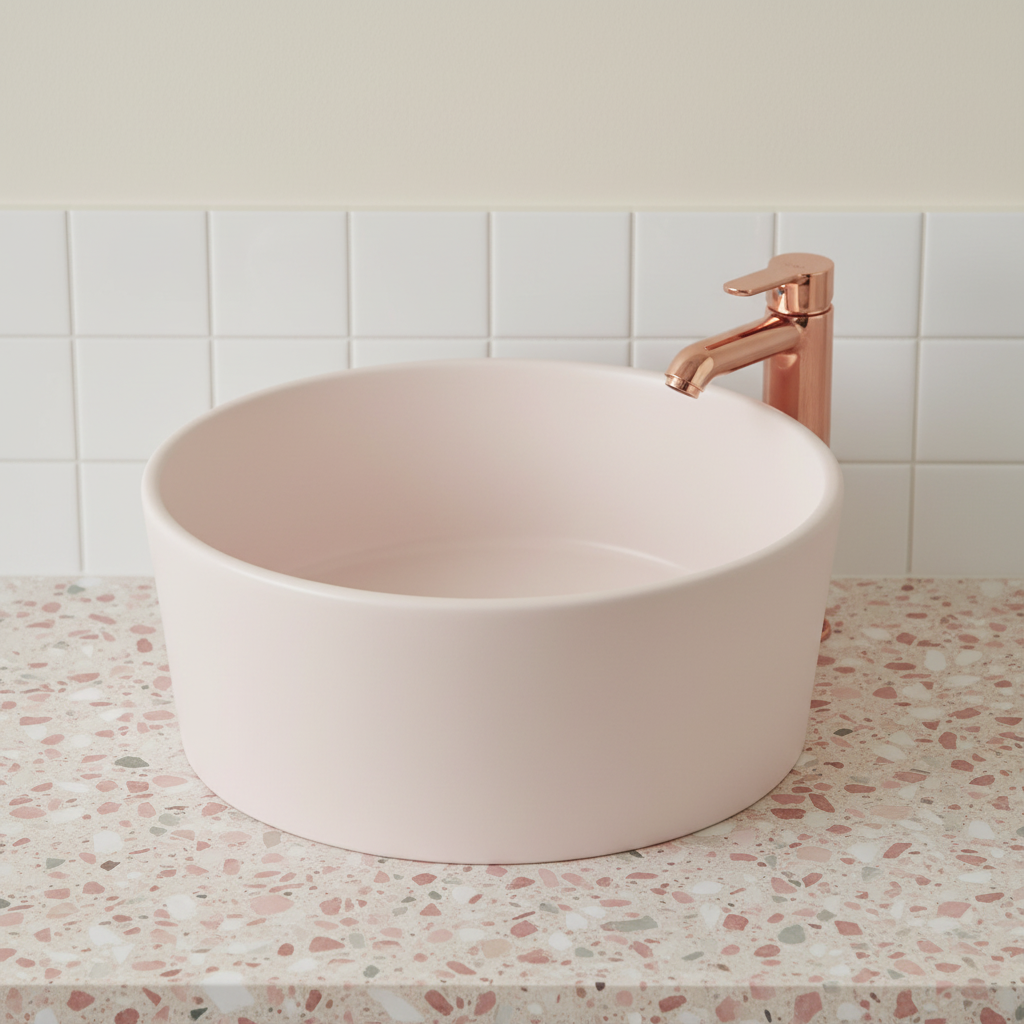 Pale Pink Basin White Tiles
