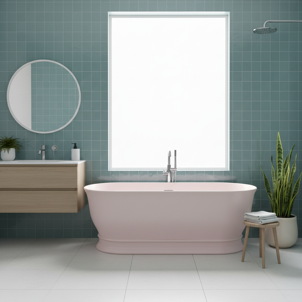 Pale pink bathtub with duck egg blue tiles