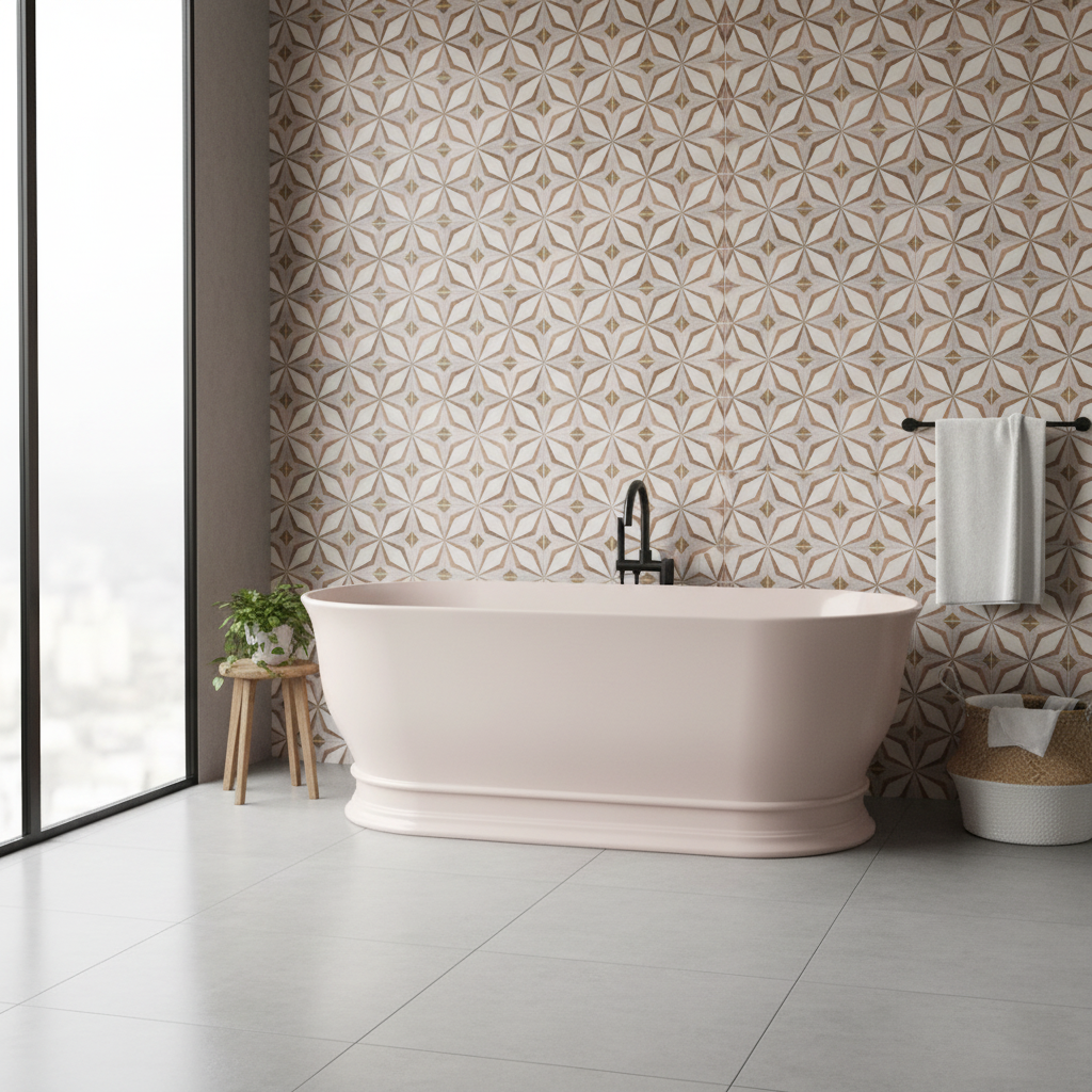 Pale pink bathtub with patterned tiled walls