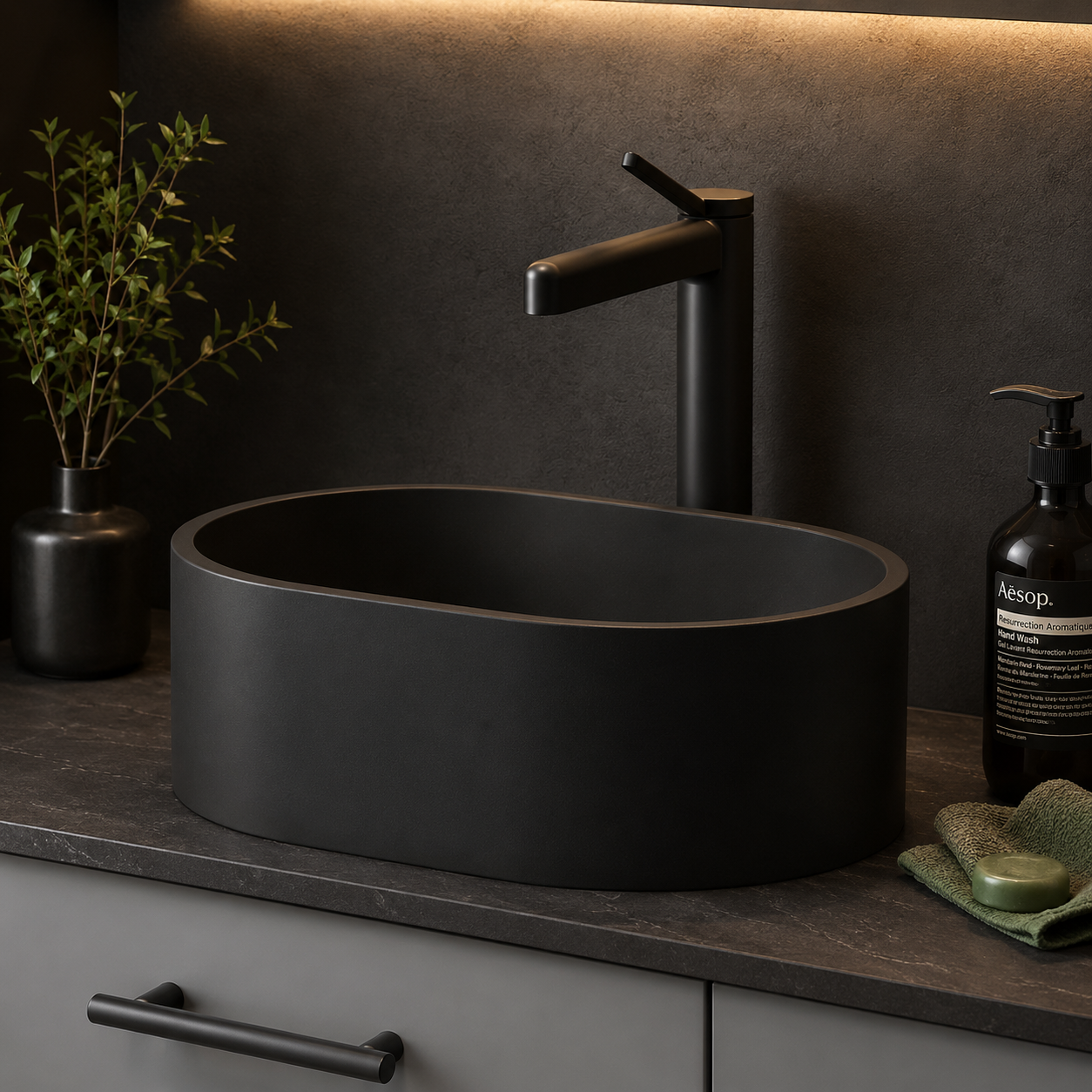 Hib - Entero Concrete Pill Shaped Vessel Basin - Onyx Black