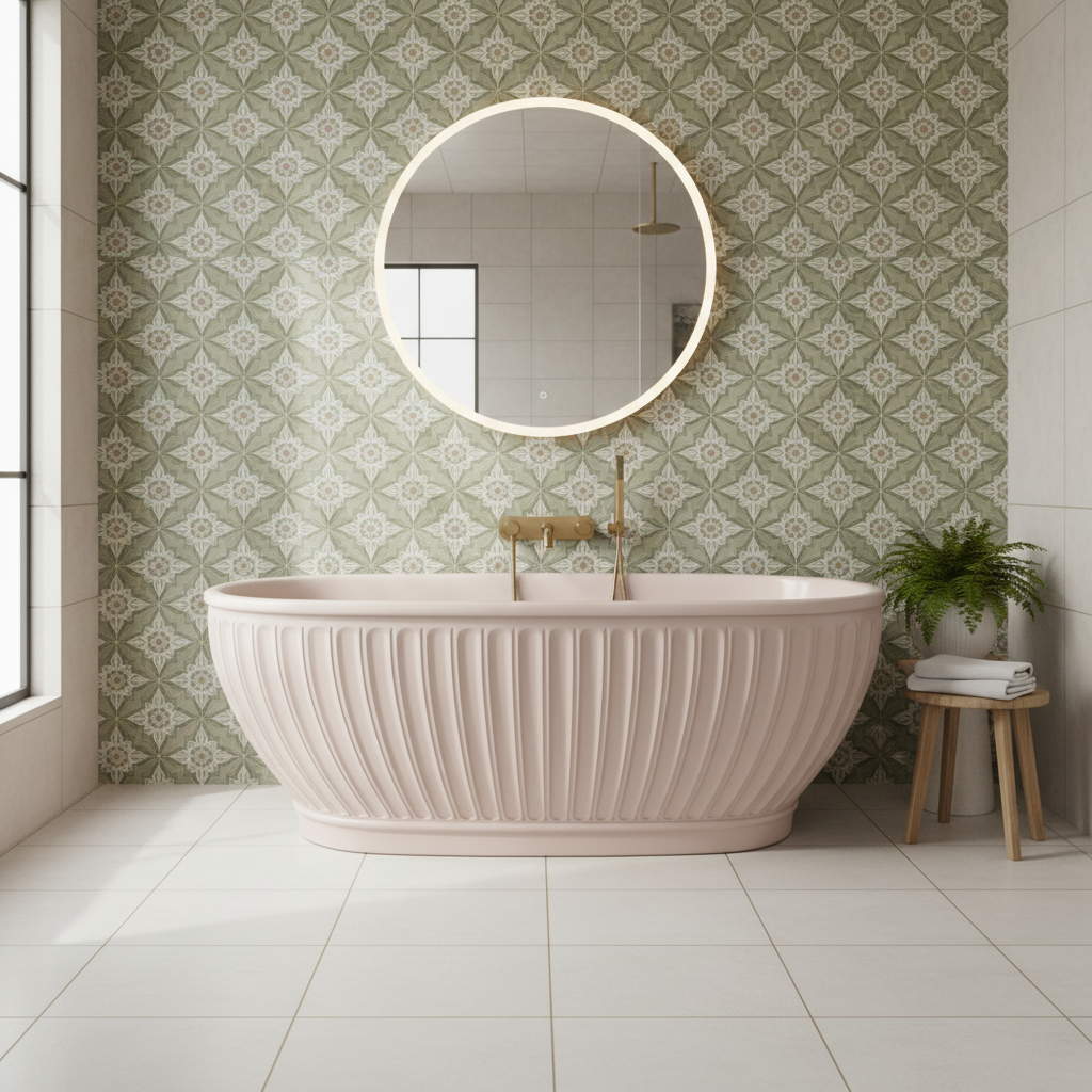 Pink bathtub with patterned wall tiles